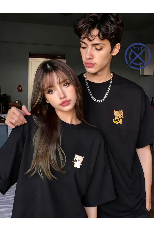 Sevgili Kombin Tişörtü Müzik Yapan Kedi Baskılı Unisex Oversize %100 Pamuk Çift Tişörtü