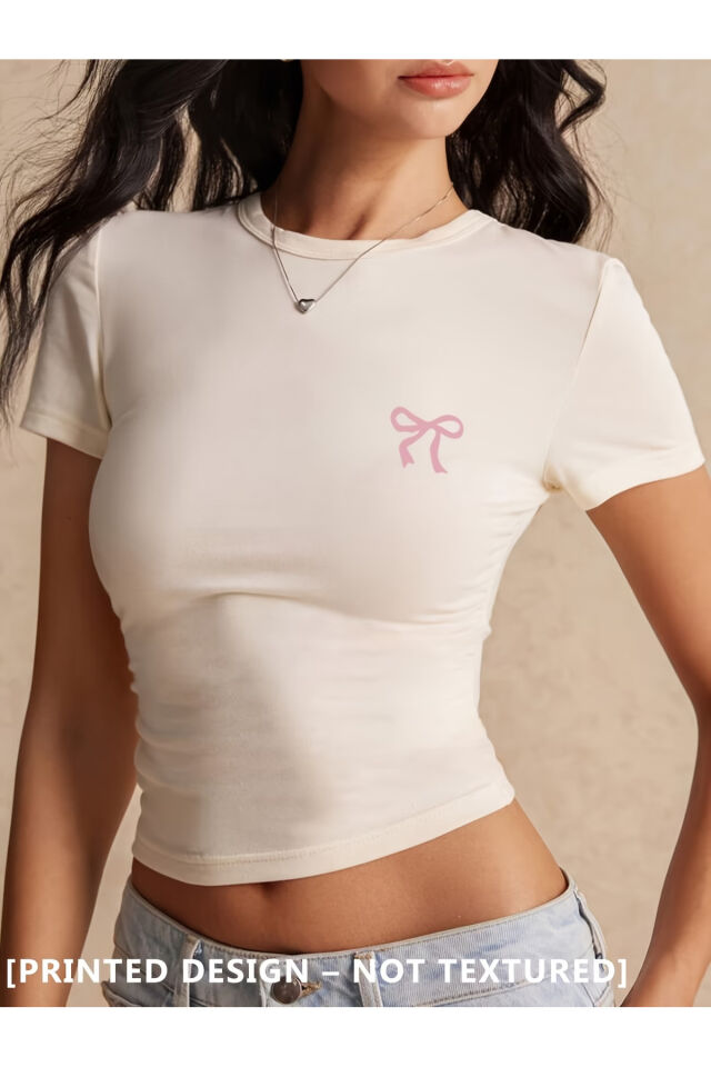 GLANZIA Kadın Crop Baby Tee Fiyonk Baskılı Dar Kesim Y2K Estetik %100 Pamuk Basic Tişört