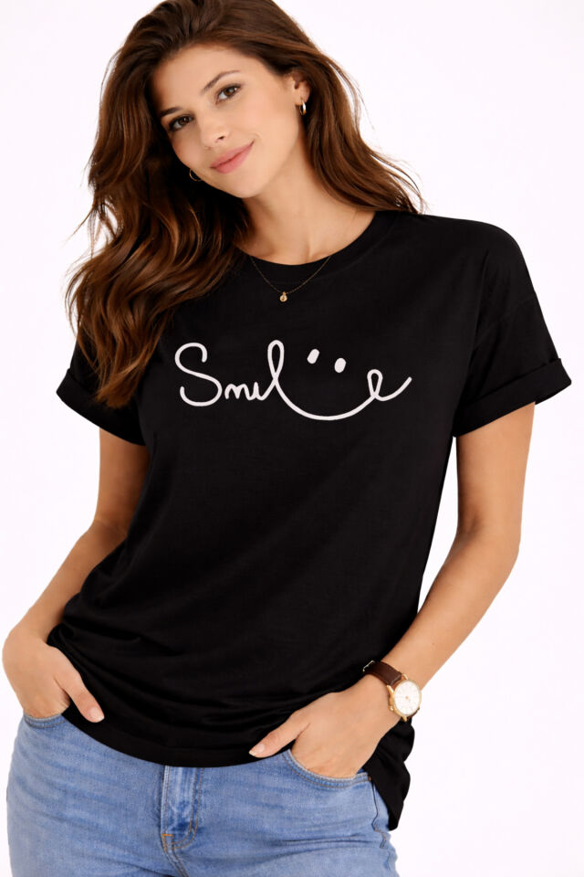 GLANZIA Oversize Tişört Unisex Smile Baskılı Basic Günlük Rahat %100